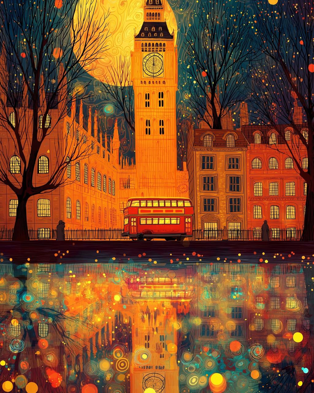 Moonlit Cityscape – Night Architecture Digital Illustration Wall Art