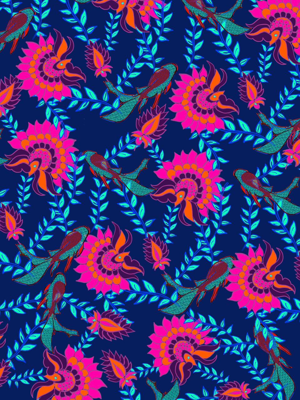 Midnight Garden Bird & Floral Digital Print | Vibrant Folk Art Pattern