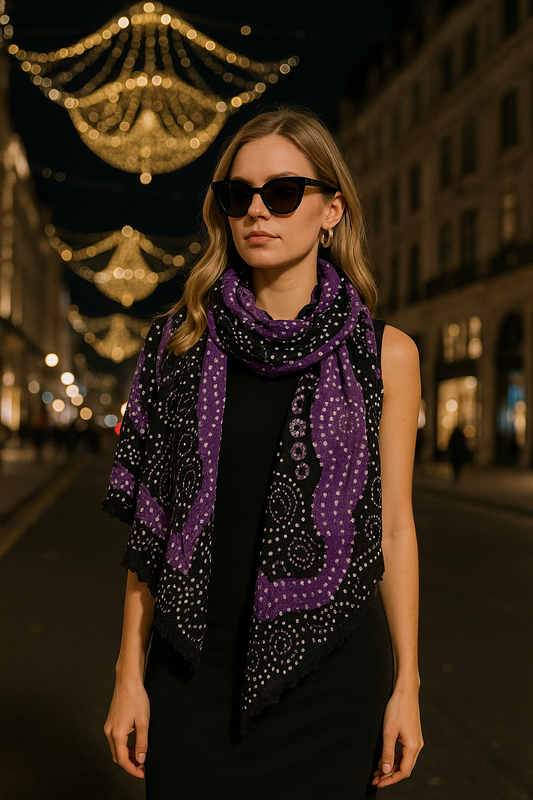 Chiffon Chunari Scarf – Handcrafted Black & Purple Bandhani Dupatta