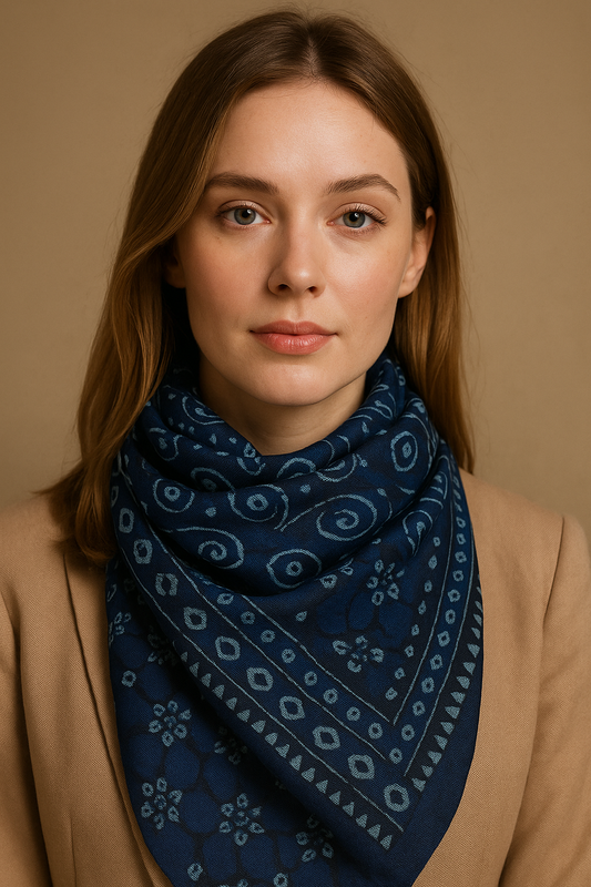 Pure Silk Heritage Scarf – Handcrafted Navy Blue Printed Dupatta