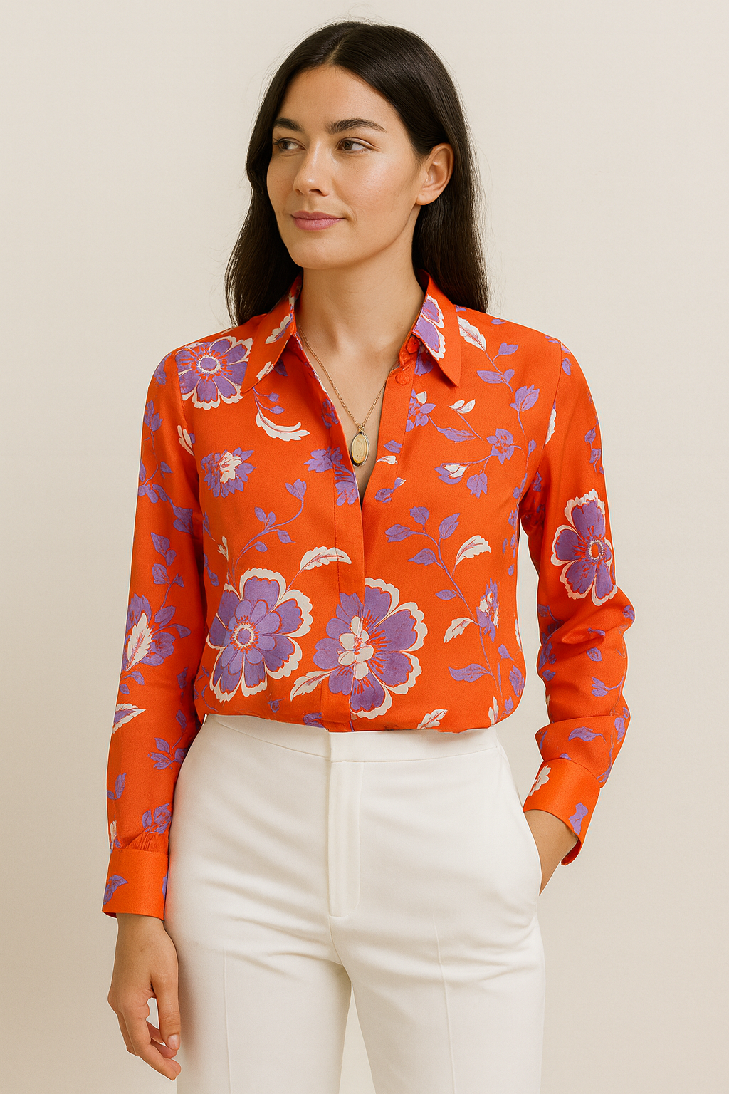 Red Floral Printed Long Sleeve Shirt – Elegant Women’s Blouse