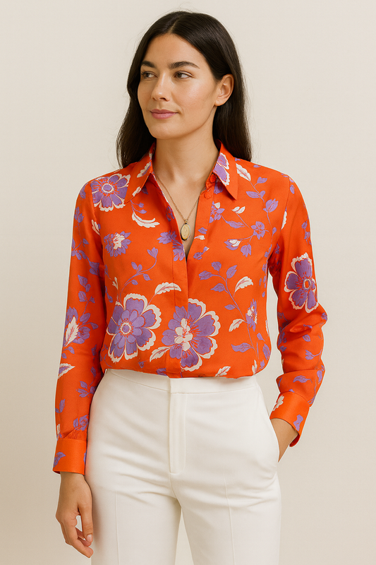 Red Floral Printed Long Sleeve Shirt – Elegant Women’s Blouse