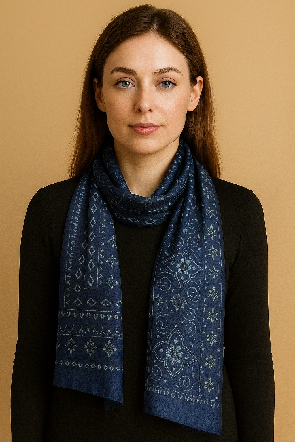 Pure Silk Heritage Scarf – Handcrafted Navy Blue Printed Dupatta