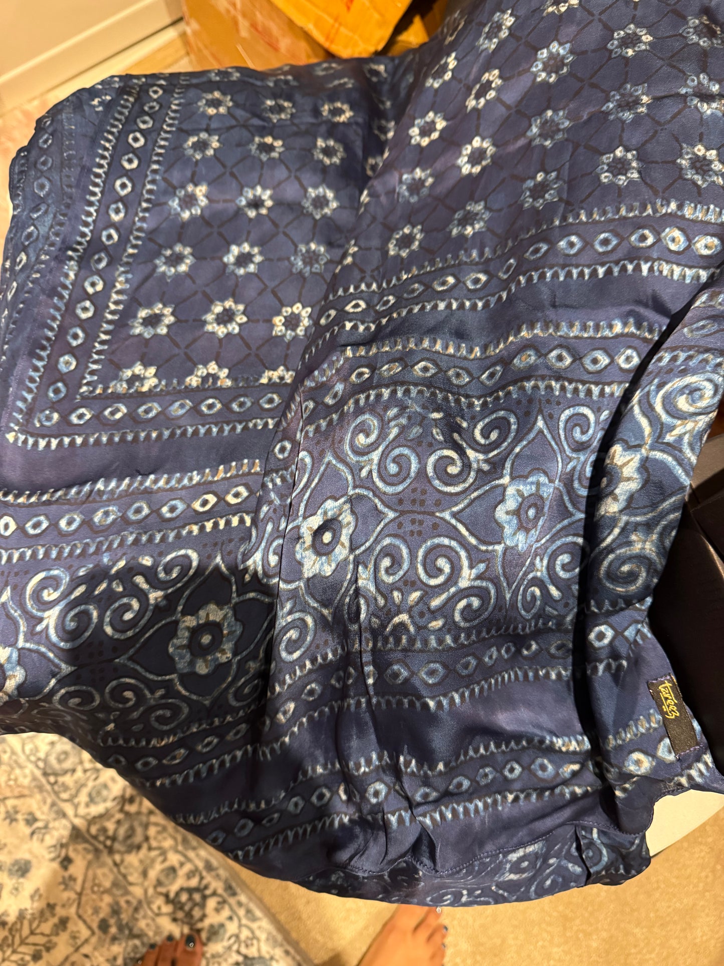 Pure Silk Heritage Scarf – Handcrafted Navy Blue Printed Dupatta