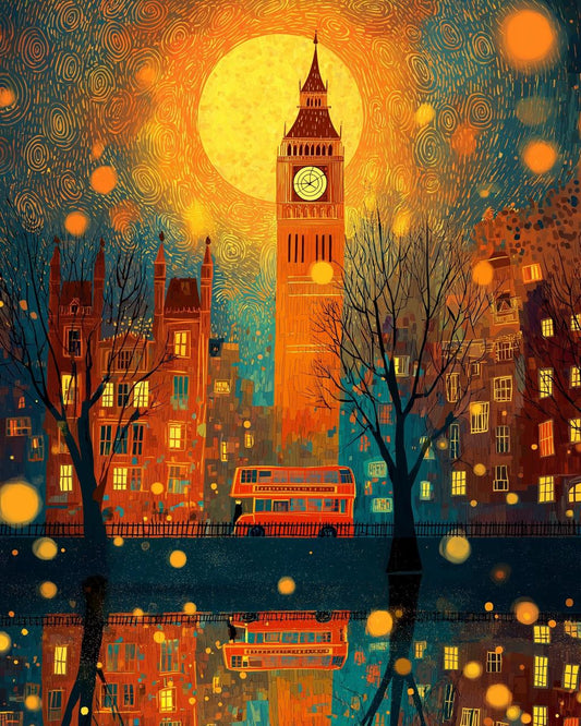 Moonlit London Cityscape – Big Ben Night Digital Illustration Wall Art