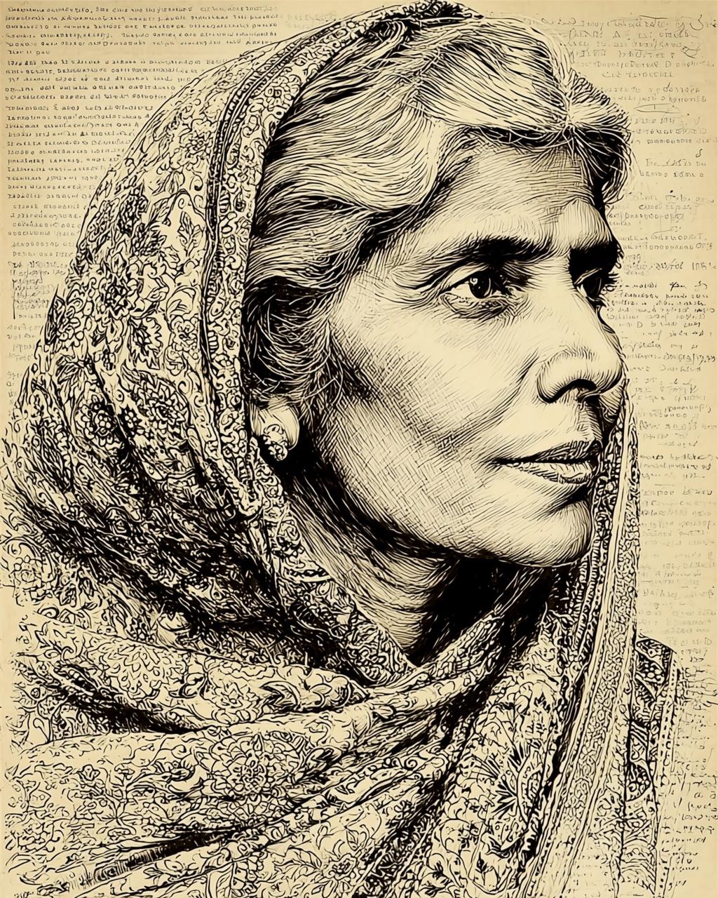 Fatima Jinnah Portrait Artwork – Vintage Sketch of Madar-e-Millat