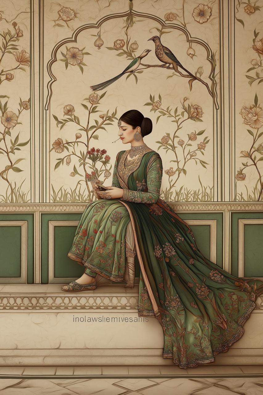 Mughal Inspired Woman Portrait Artwork – Vintage Cultural Illustration