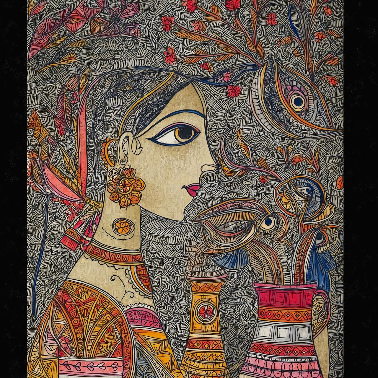Mystical Woman & Nature – Traditional Folk Style Digital Illustration Wall Art
