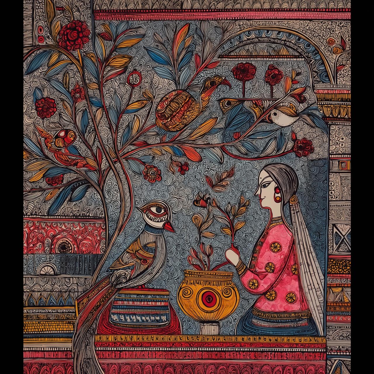 Traditional Garden Scene – Vintage Cultural Digital Illustration Wall Art
