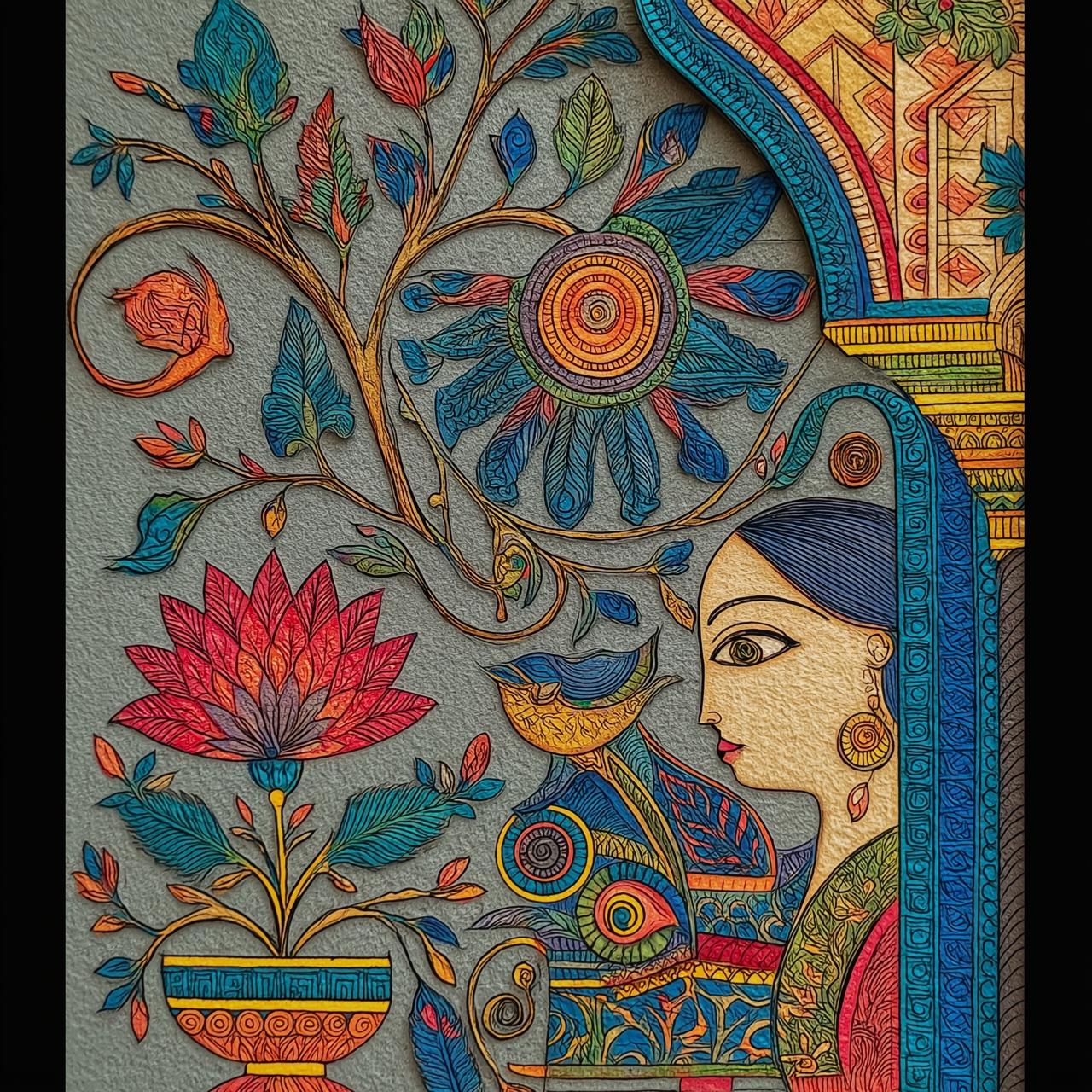Lotus Garden Portrait – Traditional Cultural Digital Illustration Wall Art