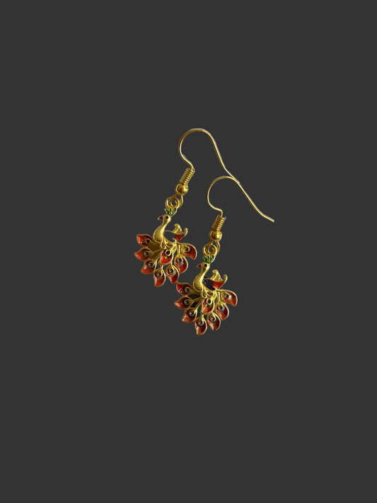 Gold Peacock Dangle Earrings with Red Enamel – Elegant Ethnic Jewelry