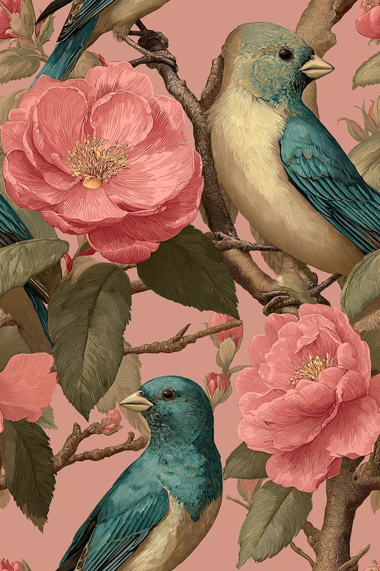 Vintage Birds & Floral Garden – Decorative Nature Digital Illustration Wall Art